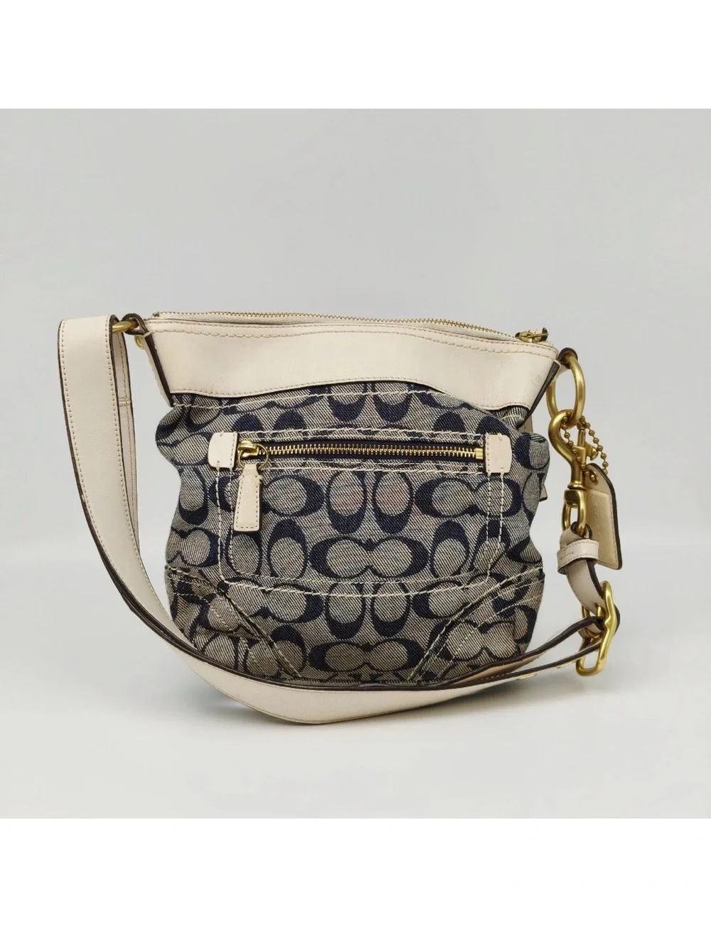 Coach Signature Denim Canvas Crossbody Bag Blue Ivory Leather